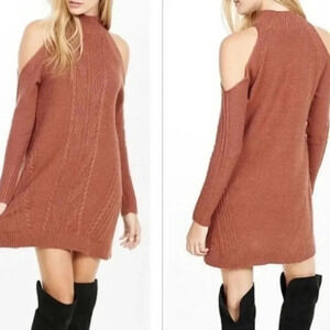 Express Cognac Cable Knit Cold Shoulder High Neck Sweater Dress Size XS